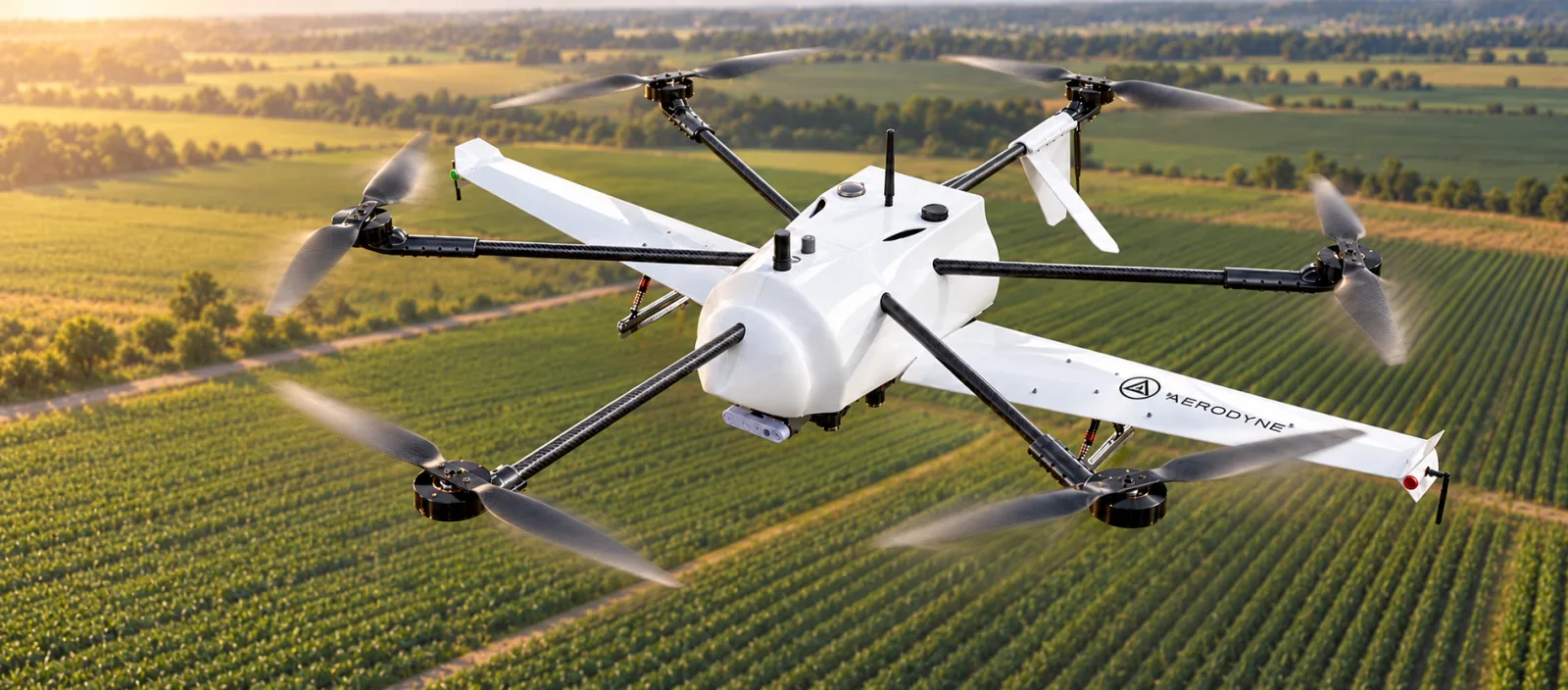 Aerodyne aircraft over farm fields